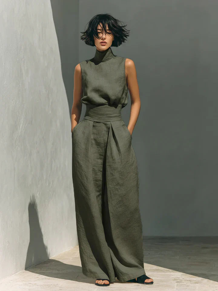 Flor™ | Conjunto minimalista de top y pantalón de pierna ancha de algodón y lino para mujer Precio normal