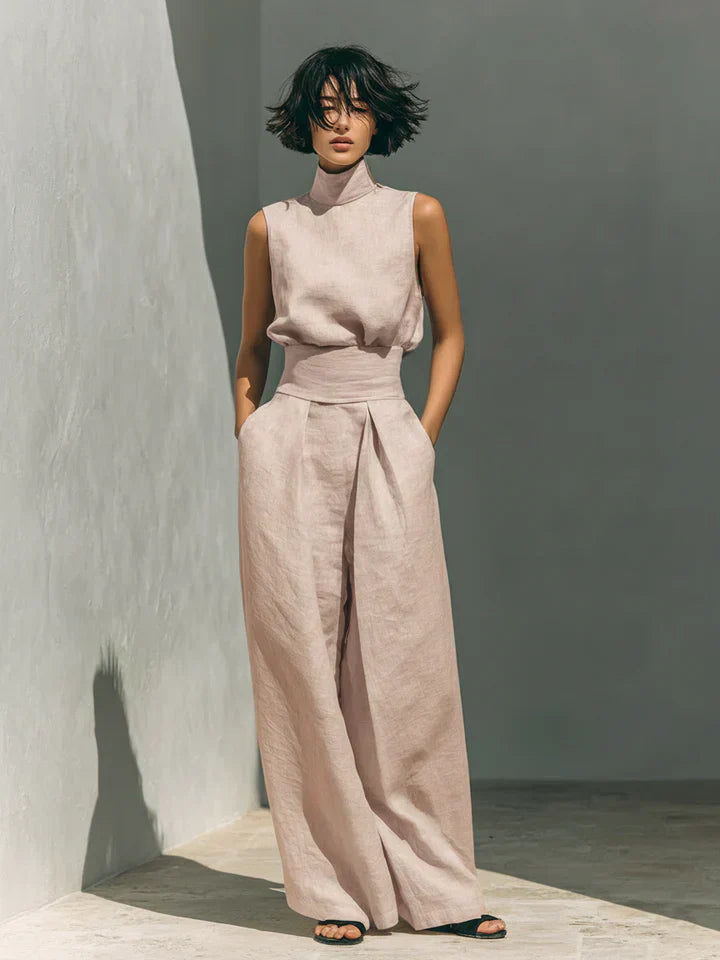 Flor™ | Conjunto minimalista de top y pantalón de pierna ancha de algodón y lino para mujer Precio normal