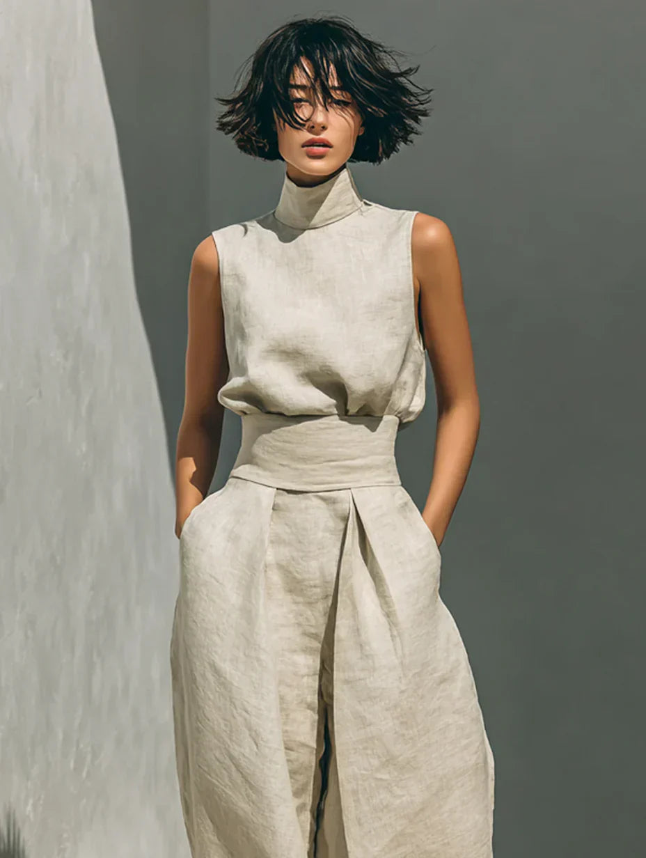 Flor™ | Conjunto minimalista de top y pantalón de pierna ancha de algodón y lino para mujer Precio normal