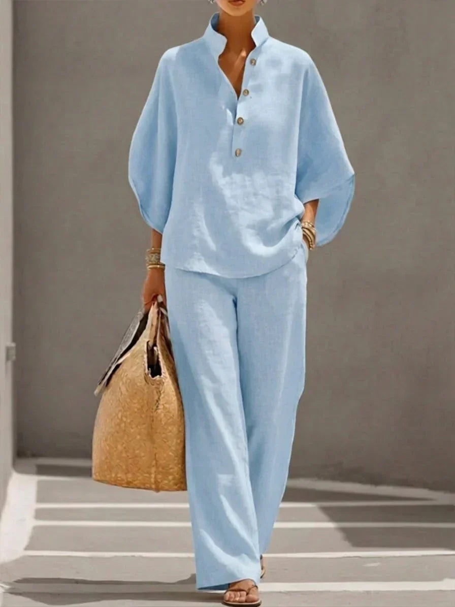 Maribel™ | Traje de lino con mangas murciélago y pantalón de pierna ancha