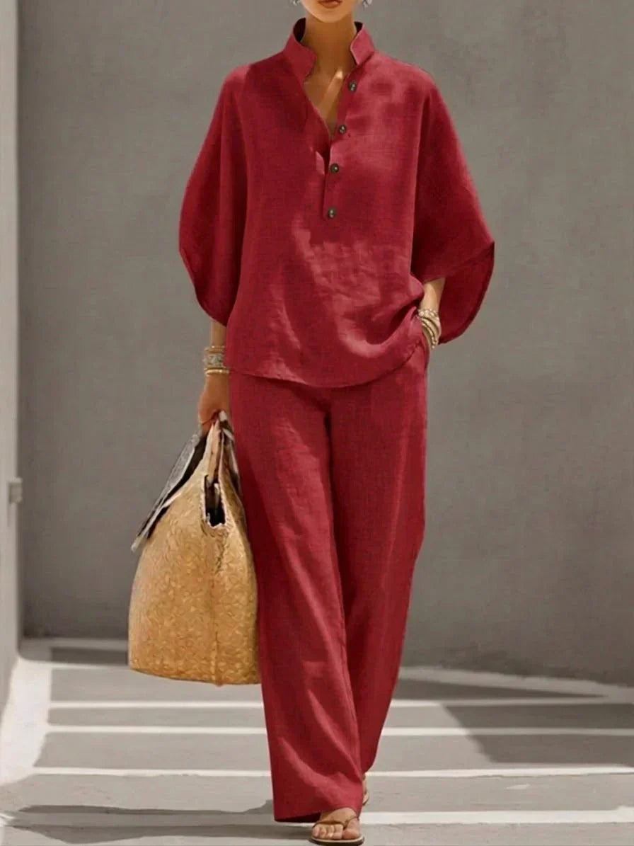 Maribel™ | Traje de lino con mangas murciélago y pantalón de pierna ancha