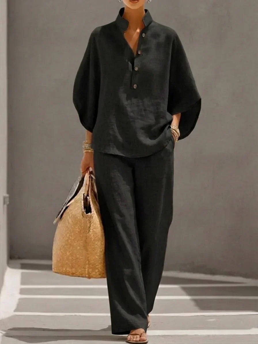 Maribel™ | Traje de lino con mangas murciélago y pantalón de pierna ancha