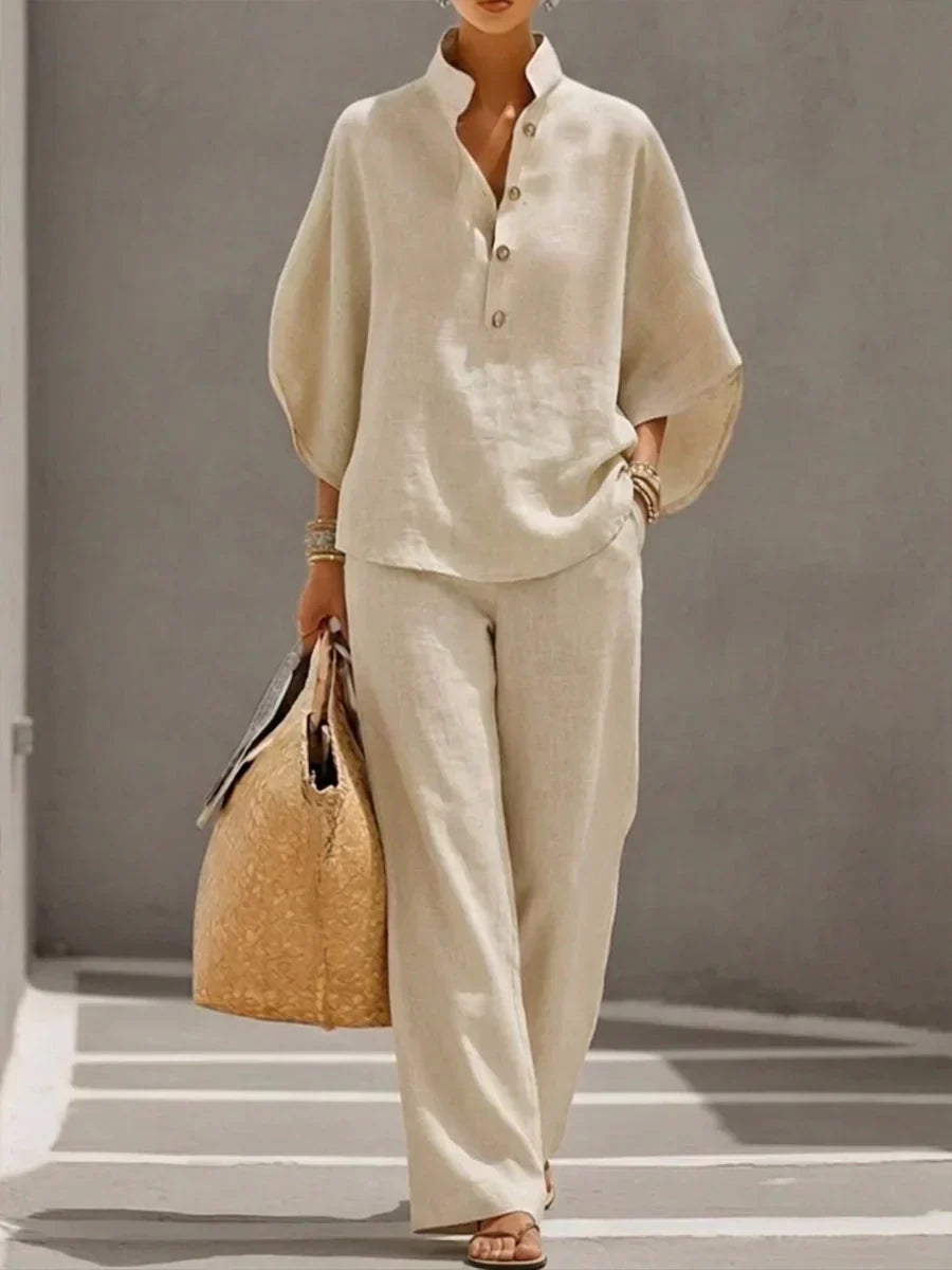 Maribel™ | Traje de lino con mangas murciélago y pantalón de pierna ancha