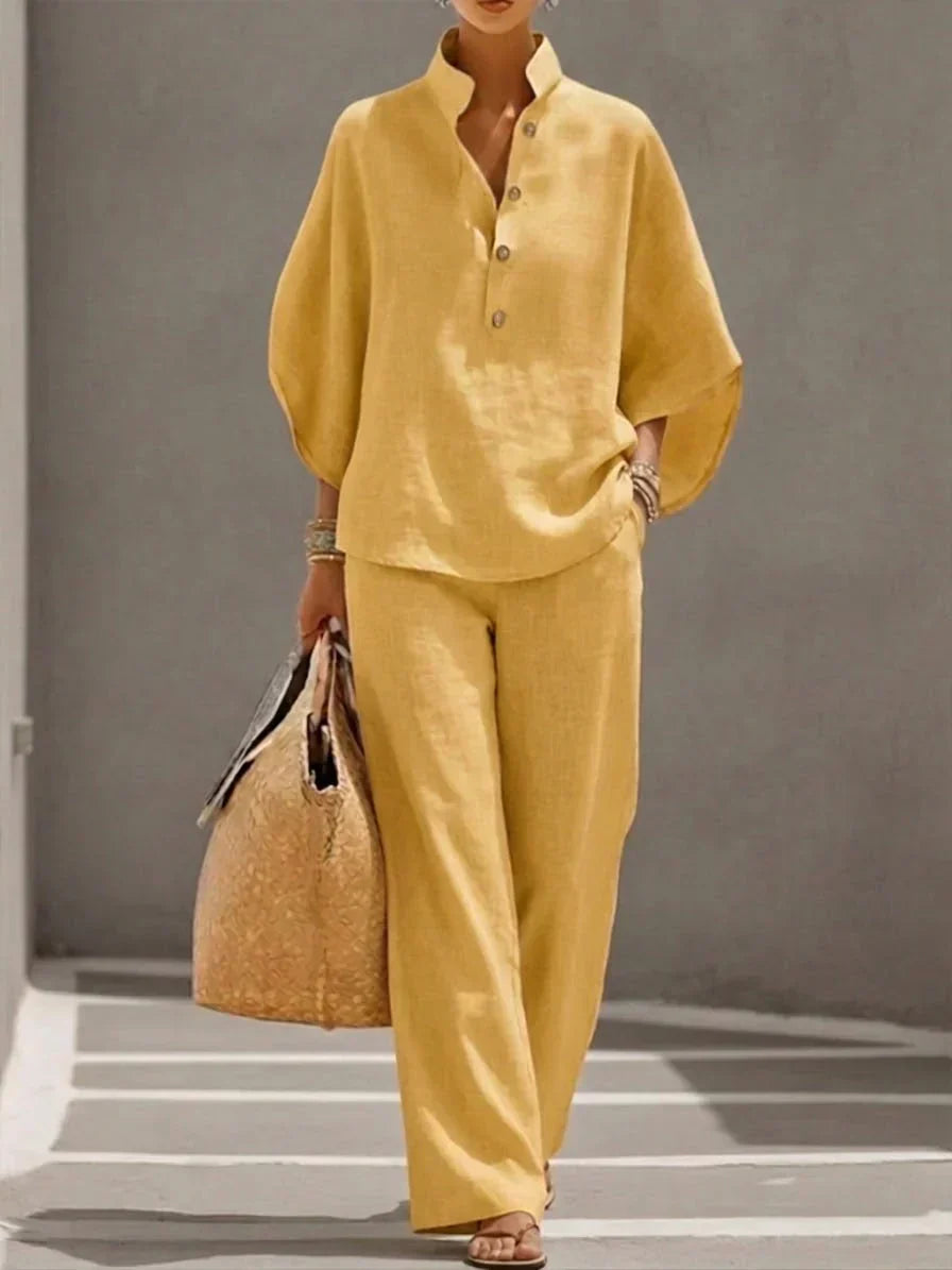Maribel™ | Traje de lino con mangas murciélago y pantalón de pierna ancha