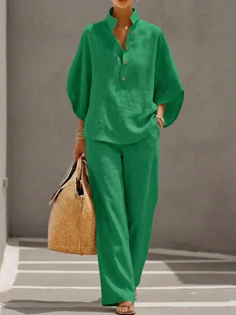 Maribel™ | Traje de lino con mangas murciélago y pantalón de pierna ancha