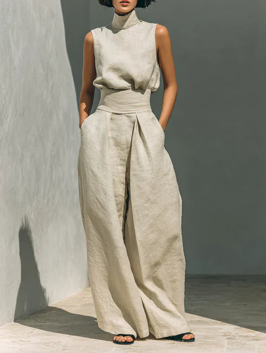 Flor™ | Conjunto minimalista de top y pantalón de pierna ancha de algodón y lino para mujer Precio normal